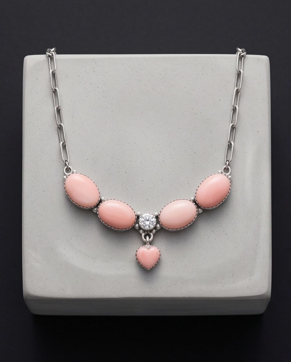 Pink Opal & CZ Bar Necklace Paperclip Chain Sterling 16-18”